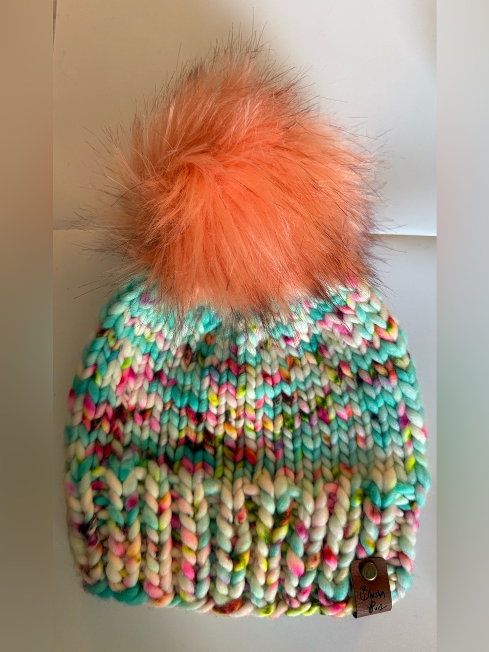 HandKnit Pom Beanie with Coral Faux-Fur Pom 100% merino wool Hand wool